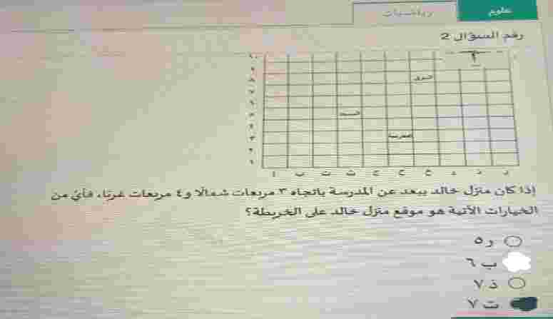 إذا كان منزل خالد يبعد عن المدرسة باتجاه ٣ مربعات شمالا و٤ مربعات غربا