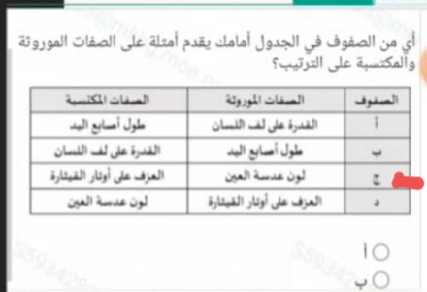 أيّ من الصفوف في الجدول أمامك يقدم أمثلة على الصفات الموروثة والمكتسبة على الترتيب