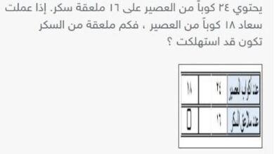 يحتوي ٢٤ كوبا من العصير على ١٦ ملعقة سكر إذا عملت سعاد ۱۸ كوبا من العصير، فكم ملعقة من السكر تكون قد استهلكت