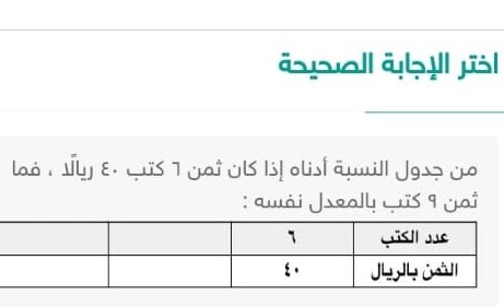 من جدول النسبة أدناه إذا كان ثمن ٦ كتب ٤٠ ريالا فما ثمن ٩ كتب بالمعدل نفسه