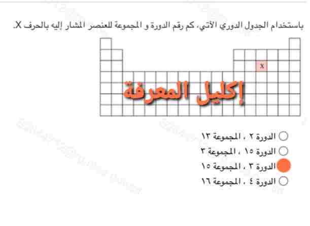 باستخدام الجدول الدوري الآتي كم رقم الدورة و المجموعة للعنصر المشار إليه بالحرف X.