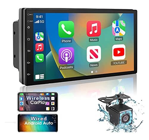 Double Din Car Stereo Compatible with Apple Carplay and Android Auto，7 Inch HD Car Radio Touchscreen，Bluetooth, Subwoofer, USB Port, A/V Input, AM/FM Car Radio Receiver, Backup Camera