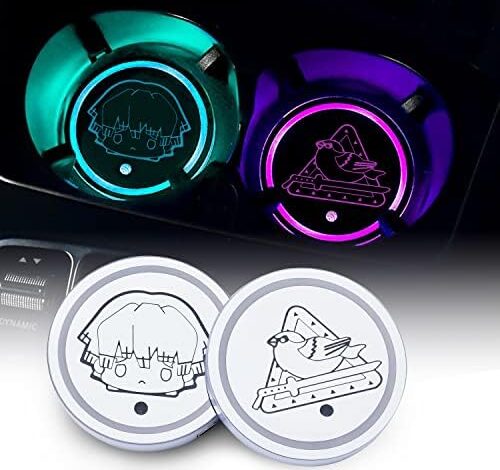 2 Pcs Anime Slayer LED Car Cup Holder Lights with 7 Colors Changing,Interior Atmosphere Lamp,Luminescent Mat Cup Pad,USB Charging Mat, for Various Car
