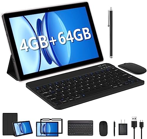 2023 Newest Tablet 2 in 1 4GB+64GB 10 inch Tablet with Keyboard And Case Mouse Stylus Film Game Tablet Android 11.0 Tablets PC, Tableta Computer 10.1 IPS Screen 8MP Dual Camera WiFi BT Google Play Tab