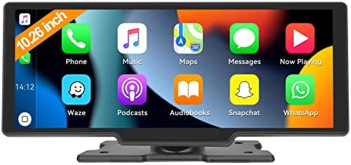 2023 Newest Wireless Apple Carplay & Android Auto 10.26 Inch IPS Touch Screen Portable Car Stereo with Bluetooth Car Radio Receiver Support Siri/Google Assistant FM Transmitter AUX Cable Dash Mount