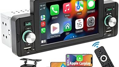 5 Inch Single Din Car Stereo Built-in Apple CarPlay/Android Auto/Mirror-Link, Touchscreen Radio Receiver with Bluetooth 5.1 Handsfree and 12LED HD Backup Camera, FM USB Audio Video Player