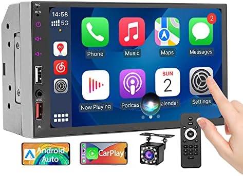 7 Inch Double Din Car Stereo with Apple CarPlay/Android Auto/Phone Mirror-Link, Touchscreen Radio Receiver with Bluetooth 5.1 Handsfree and Waterproof Backup Camera, FM USB AUX RCA Audio Video