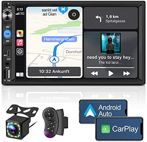 7 Inch Double Din Car Stereo with Apple Carplay & Android Auto,Voice Control,HD LCD Touchscreen Monitor,Bluetooth,Subwoofer,Type-C/USB/TF Port/AUX,A/V Input,SWC,Backup Camera,AM/FM Car