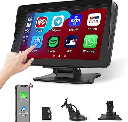 7 Inch Touchscreen Portable Car Stereo Wireless Apple CarPlay, Wireless Android Auto, Bluetooth Portable Car Radio with Voice Control Airplay FM Transmitter AUX 64G TF