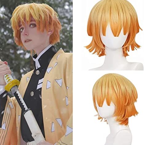 ANOGOL Wig Cap+Zenitsu Wig Short Yellow Wig For Demon Slayer Cosplay Orange Ombre Wig Cosplay Wig for Men Comic Synthetic Wig Costume for Anime Halloween Party Cosplay