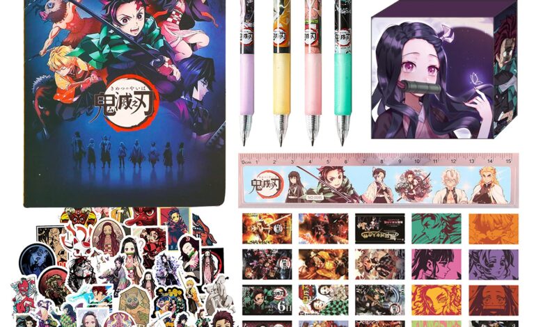 Anime Merch Anime Merch Set for Anime School Supplies 1 Anime Notebook 4 Pens 50 Anime Stickers 30 Lomo Card 1 Anime Ruler 1 Anime Tape