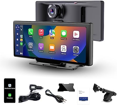 BERLANCHE Adjustable 10.26" Inch Touch Screen, Wireless Carplay Screen & Android Auto with 2K Dash Cam HD IPS Display, Support FM Radio, Car Stereo, Mirror Link, Voice Control, BT Call, TF, Aux-in