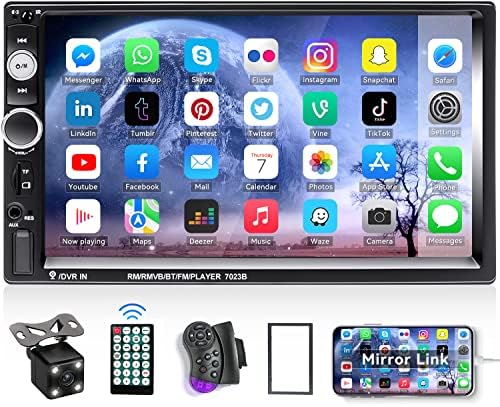 CAMECHO 7" Double Din Car Stereo Audio Bluetooth MP5 Player USB FM Multimedia Radio+ 4 LED Mini Backup Camera with Steering Wheel Remote Support Mobile Phone Synchronization (Used in Android/iOS)