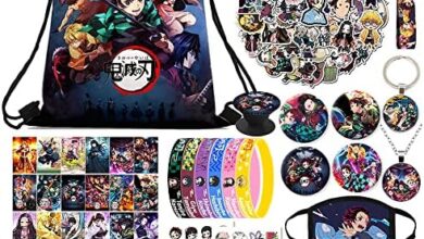 Demon Slayer Anime Merch Gift Set, Including Drawstring Backpack, Face-masks, Stickers, Bracelets, Lanyard, Phone Ring Holder, Keychain, Necklace, Button Pins, Lomo Cards, Tattoo Stickers