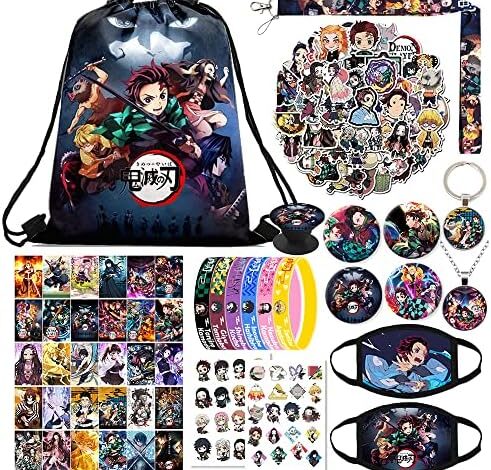 Demon Slayer Anime Merch Gift Set, Including Drawstring Backpack, Face-masks, Stickers, Bracelets, Lanyard, Phone Ring Holder, Keychain, Necklace, Button Pins, Lomo Cards, Tattoo Stickers