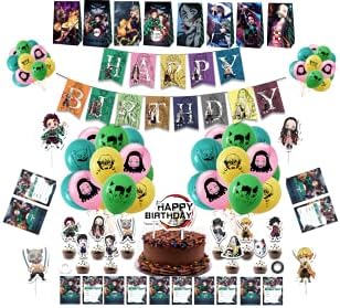 Demon Slayer Birthday Party Supplies Anime Theme Decorations for Kids and Teens - Banner, Cake Toppers, Balloons, Gift Bags, Invitation Cards - Total of 73 Essential Pieces for Children's Events