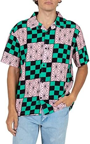 Demon Slayer Tanjiro Nezuko Toss Print Short Sleeve Button Down Men's Woven Top