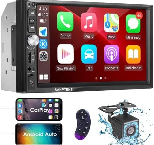 Double Din Car Stereo Radio Compatible with Apple Carplay and Android Auto, 7-Inch HD Touchscreen with Voice Control, Mirror Link, Backup Camera, Steering Wheel, Bluetooth, AM/FM, USB/TF/AUX Port