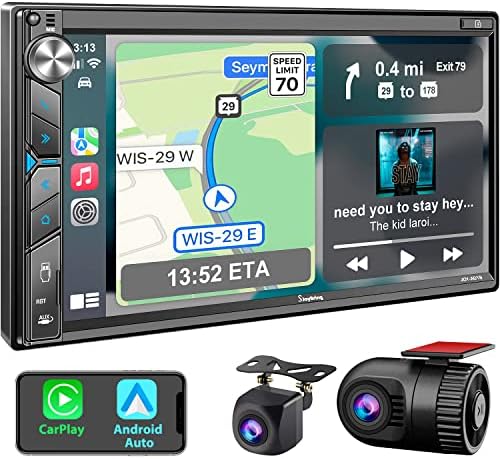 Double Din Car Stereo with Dash Cam - Voice Control Carplay, Android Auto, Steering Wheel Controls, 7" HD Touchscreen, Backup Camera, Bluetooth, Mirror Link, Subw, USB/TF/AUX, AM/FM Car Radio Receiver