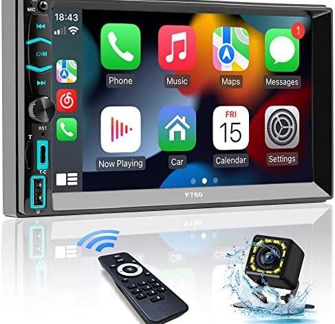 Double Din Car Stereo with Voice Control Apple Carplay&Android Auto,7 Inch HD LCD Touchscreen Monitor,Bluetooth,Subwoofer,Type-C/USB/SD Port,A/V Input,AM/FM Car Radio Receiver,SWC,Backup Camera(Free)