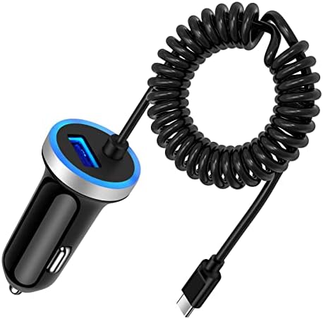 Fast Car Charger Type C Car Plug Android Phone USB C Car Charger Cigarette Lighter Adapter Fast Charging C Coiled Cable for Samsung Galaxy A13 5G/S22 Ultra/S21/S20/S10/A03s/A11/A12/A21/A32/A51/A52/A53