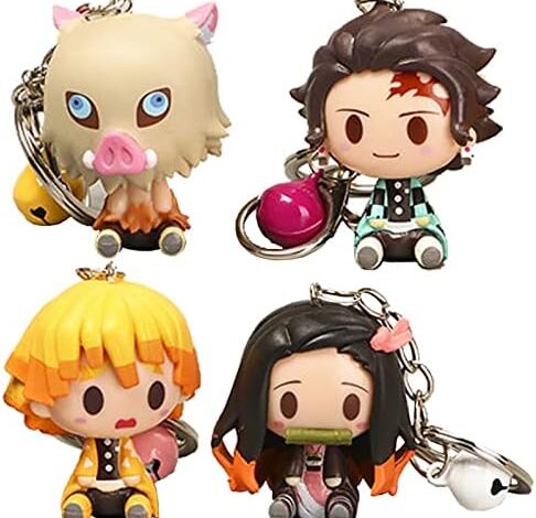 GigaGround 4 Pcs Demon 鬼滅 Slayer Mini Figures Keychain, Tanjiro Zenitsu Nezuko Inosuke Upgraded Statues Key Chain, 1.77 Inch Anime Statues Set for someone who loves anime, or Kimetsu No Yaiba Fans…