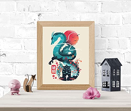 Japanese Dragon Art Print - Ukiyo-e Wall Art 8 x 10 Unframed Japanese Anime Artwork Haku Dragon Print Hayao Miyazaki Wall Hanging Cool Movie Inspired Home Decor, Chihiro Bathhouse Illustration