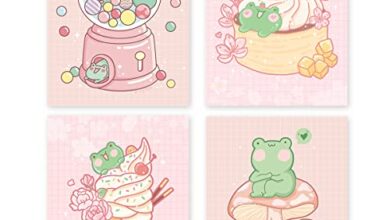 Kawaii Frog Wall Art - Set of 4 Posters - Pink Japanese Aesthetic Room Decor - Anime Cottagecore Drawing Posters - 8x10 - Unframed