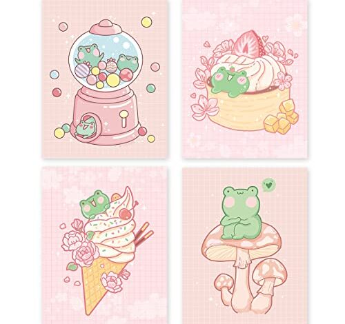 Kawaii Frog Wall Art - Set of 4 Posters - Pink Japanese Aesthetic Room Decor - Anime Cottagecore Drawing Posters - 8x10 - Unframed