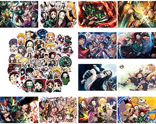 MiodiyaArt Anine Poster Demon 12 Pcs (with 50 Pcs Anime Slayer Stickers) 16.5 x 11.5 inch Wall Decor Anime Merch Art Prints HD Posters for Fans