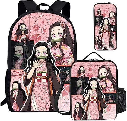 Nayuzert Anime 3PCS Backpack Set Durable Casual Daypack Bag Cartoon BookBag 17 Inch with Reusable Lunch Bag Pencil Case for Boys Girls Teens