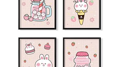 Pink Cute Kitchen Room Decor - Kawaii Japanese Anime Wall Decor for Dining Room - Aesthetic Rabbit Strawberry Posters Prints for Teen Girl Bedroom Wall Art - Kids Nursery Gifts - Apartment Pictures