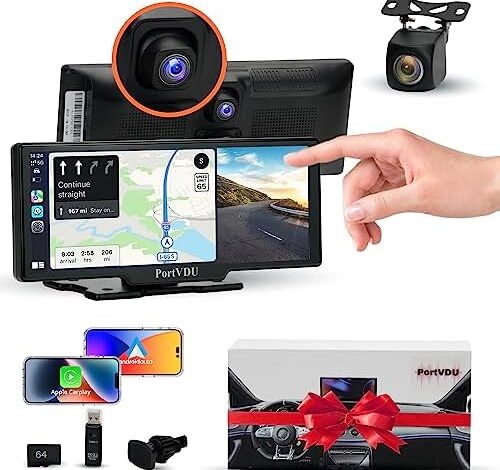 PortVDU Portable Car Stereo with Wireless Apple Carplay & Android Auto, 2023 Newest 1080P Full HD Dash Cam & Backup Camera, 9.3" IPS HD Touch Screen, Bluetooth, GPS Nav, Mirror Link and Add-on Items