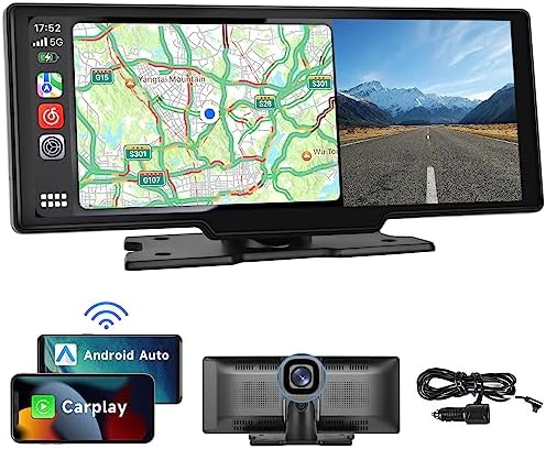 Portable Car Stereo with Dash Cam - 9.3" HD IPS Screen, Wireless Carplay, Android Auto Car Radio Receiver with Front Camera Support Voice Control, Loop Recording, Bluetooth, GPS Portable Radio