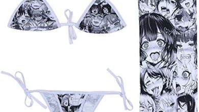 Quker Bean Lolita Japanese Manga Anime Ahego Face Micro Bikini Bra and Thong Set Thigh High Stockings Outfits