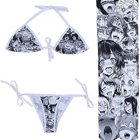 Quker Bean Lolita Japanese Manga Anime Ahego Face Micro Bikini Bra and Thong Set Thigh High Stockings Outfits