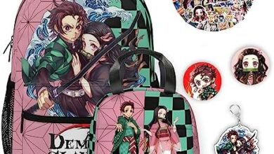 SKTYBDC 5Pcs Anime Backpack, Cute Laptop Backpack with Lunch Bag Stickers Acrylic Keychain Button Pins, Travel Bookbag for Boys Girls