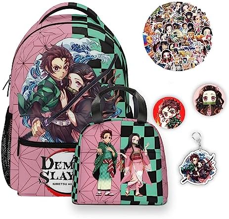 SKTYBDC 5Pcs Anime Backpack, Cute Laptop Backpack with Lunch Bag Stickers Acrylic Keychain Button Pins, Travel Bookbag for Boys Girls