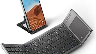 Samsers Foldable Bluetooth Keyboard with Touchpad, Full-Size Wireless Folding Keyboard with Holder, Rechargeable Portable Travel Keyboard for iOS Android Windows Mac OS, Support 3 Devices (BT5.1 x 3)