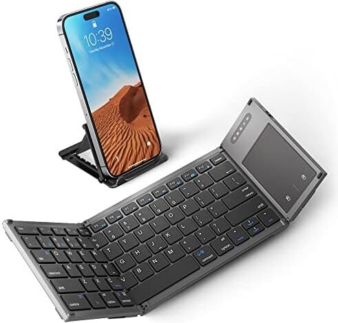 Samsers Foldable Bluetooth Keyboard with Touchpad, Full-Size Wireless Folding Keyboard with Holder, Rechargeable Portable Travel Keyboard for iOS Android Windows Mac OS, Support 3 Devices (BT5.1 x 3)