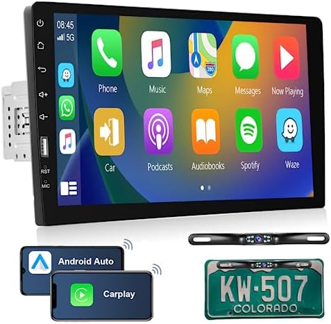 Single Din Car Stereo with Apple Carplay Android Auto, 9 Inch Touchscreen Car Audio Carplay Stereo Bluetooth 5.0 Car Radio Support Mirror Link, FM, SWC, USB, AUX, TF, License Plate Backup Camera