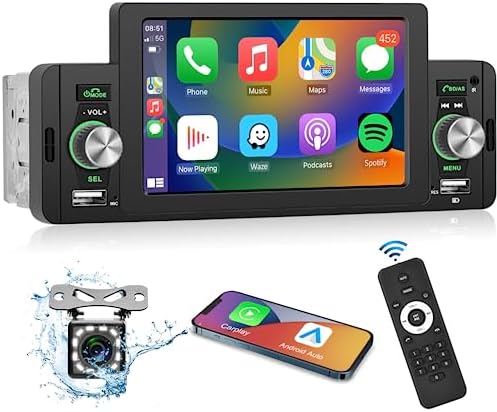 Single Din Car Stereo with Apple Carplay Android Auto, METEESER 5 Inch Touch Screen Car Radio Bluetooth 5.1 Audio with Backup Camera Siri Voice Control Fast Charging SWC External Mic Remote Control