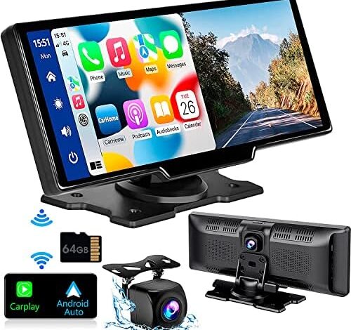 Trumsey Portable Built-in 2.5K Dash Cam Car Stereo - 9.3" HD IPS Screen, Wireless Carplay & Android Auto, Front and Back Loop Recording, 1080p Backup Camera DVR, Bluetooth, Car Radio Receiver