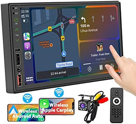 [Upgrade] Wireless CarPlay/Android Auto, 7 Inch Double Din Car Stereo with LCD Touchscreen, FM/AM Radio with Bluetooth 5.1 Handsfree, Type-C Charge, Phone-Link, HD Whaterproof Backup Camera