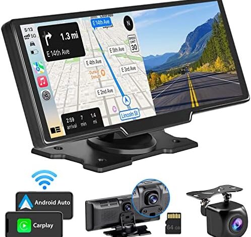 Westods Portable Wireless Carplay Car Stereo with 2.5K Dash Cam - 9.3" HD IPS Screen, Android Auto, 1080p Backup Camera, Loop Recording, Bluetooth, GPS Navigation Head Unit, Car Radio Receiver