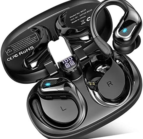 Wireless Earbud Sport, Bluetooth 5.3 Headphones with Noise Cancelling Mic, 90H HiFi Stereo Over Ear Bud with LED Display and USB-C, IP7 Waterproof Wireless Earphones, Button Control, for iOS/Android