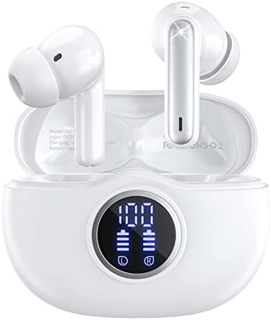 Wireless Earbuds Bluetooth 5.3 Headphones 40 Hrs Playtime with LED Display, Deep Bass Stereo and Noise Cancelling Bluetooth Ear Buds IP7 Waterproof Wireless Earphones with Mic for iPhone Android White