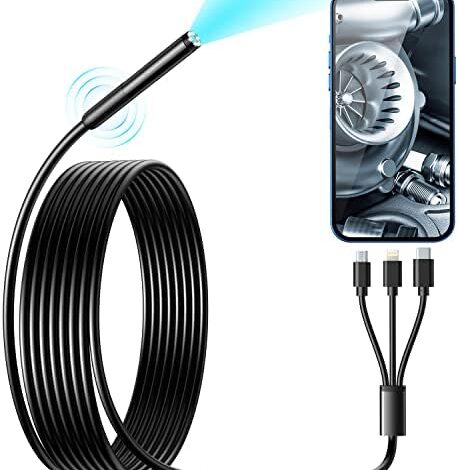 Wireless Endoscope, Wi-Fi Industrial Borescope with 6 LED Lights, 7.9mm 3 in 1 USB Snake Camera, Waterproof IP67 Inspection Camera for OTG Android, iPhone (10ft, Type-C, Micro, Lightning)