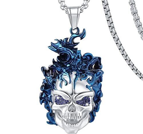 YAMI Necklace for Men, Skull Viking Ghost Rider Large Pendant Titanium Steel, Goth Cool Flame Anime Berser Norse Amulet Halloween Jewelry Gifts for Boyfriend/Brother, Silver- Blue