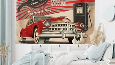 Ambesonne Cars Tapestry, Poster Style Image Gasoline Station Commercial Element Route 66 IllustrationPrint, Fabric Wall Hanging Decor for Bedroom Living Room Dorm, 28" X 23", Vermilion Beige